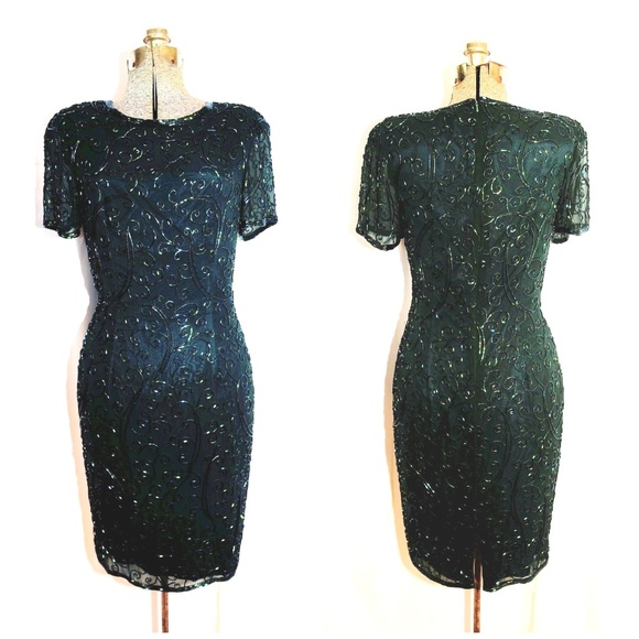 A.J. Bari Dresses & Skirts - VTG 80s AJ Bari Beaded Dark Green Sheath Dress XS
